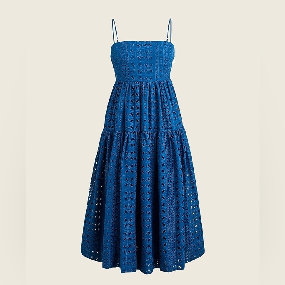Nwt J. Crew Tie Back Eyelet Dress In Navy Blue Lined Spaghetti Strap 6